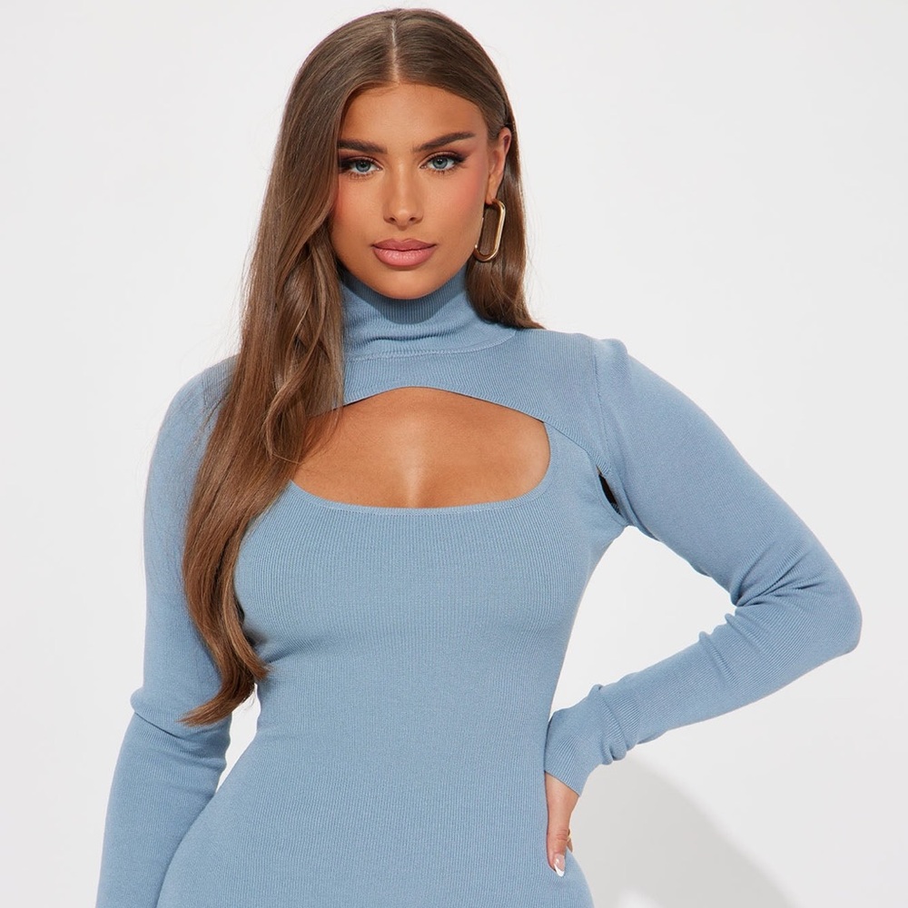 ~Allison Slate Blue Sweater Dress W/ Bolero Neckline, Front Cutout & Side Split~ - Picture 4 of 11